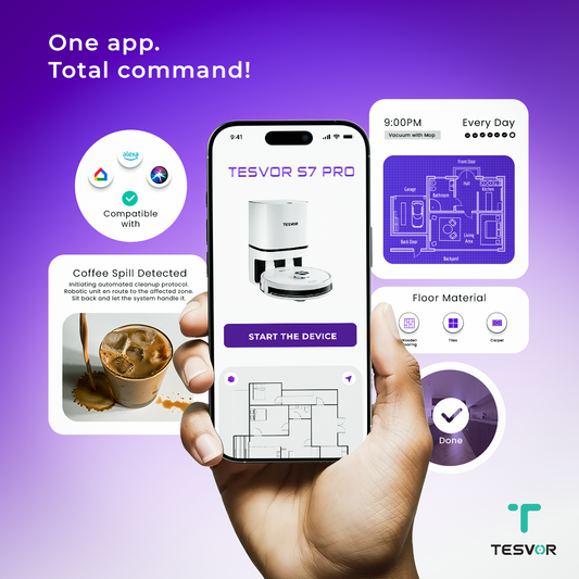 Hand holding a smartphone displaying the Tesvor app with various features on a purple background