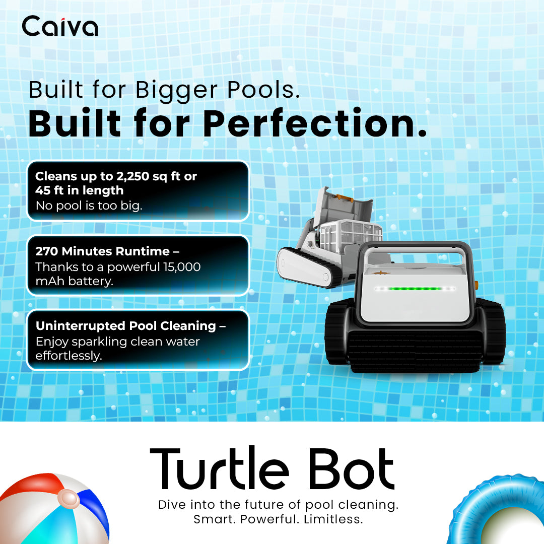 Advertisement for Caiva Turtle Bot pool cleaning device with pool tile background