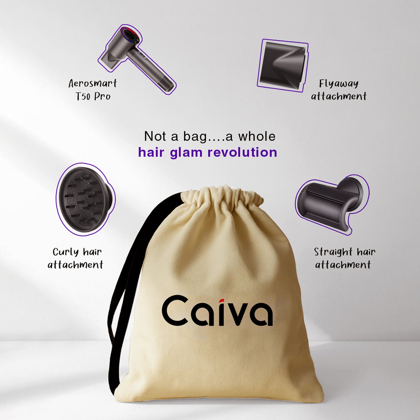 Beige drawstring bag with 'Caiva' branding, surrounded by hair styling attachments on a white background.