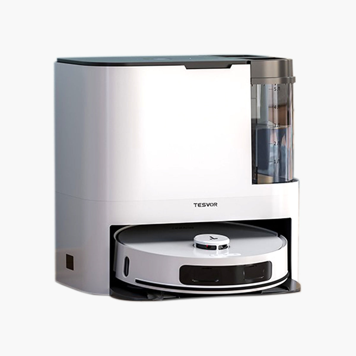 Robotic vacuum cleaner with charging station on a white background