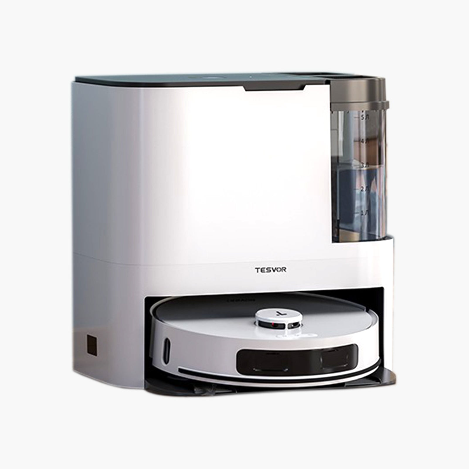 Robotic vacuum cleaner with charging station on a white background