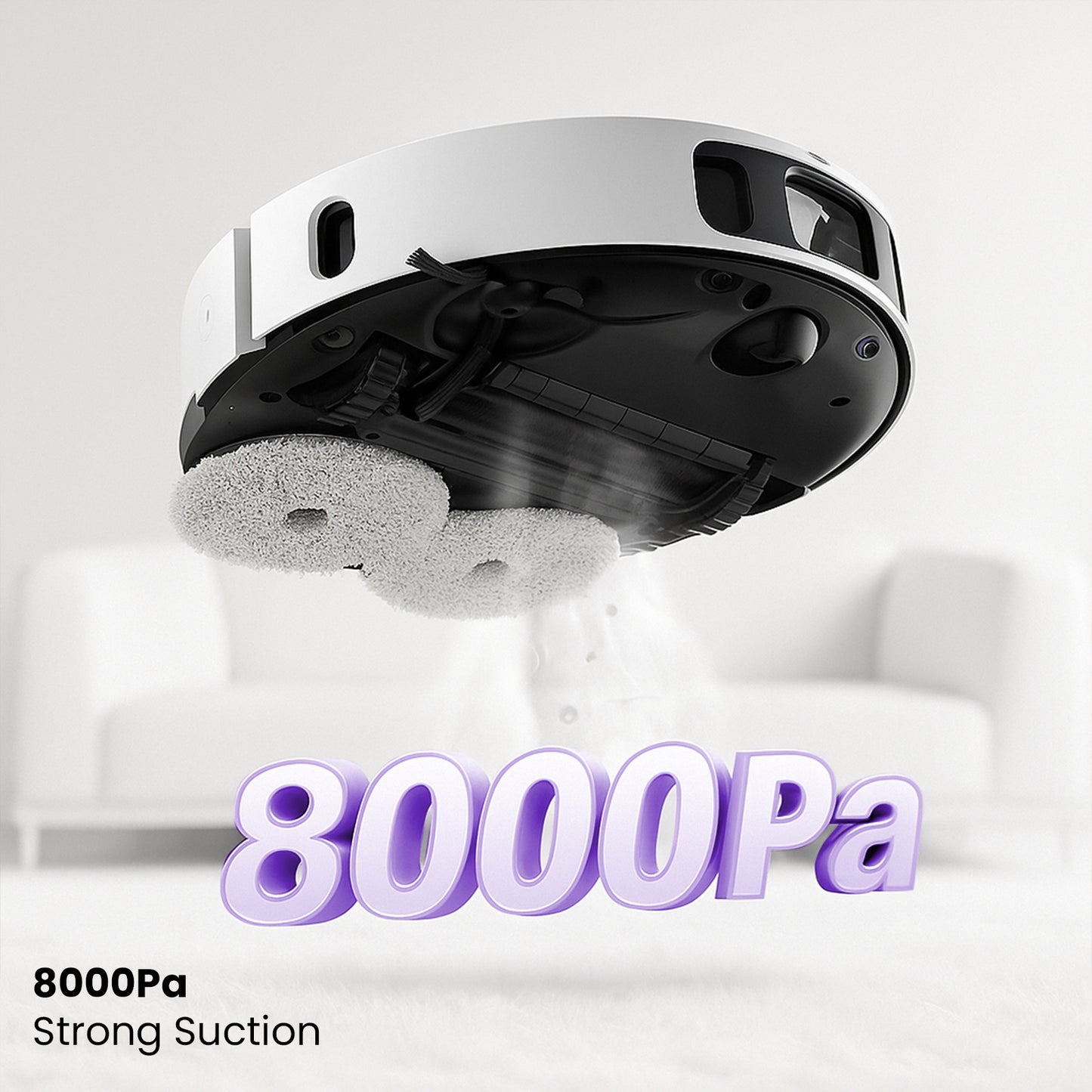 Robotic vacuum cleaner with strong suction capability on a white background