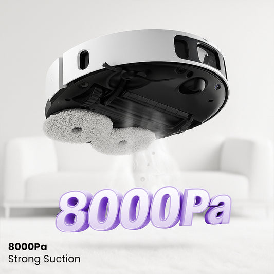 Robotic vacuum cleaner with strong suction capability on a white background