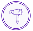 Icon of a hair dryer in a purple circle on a white background