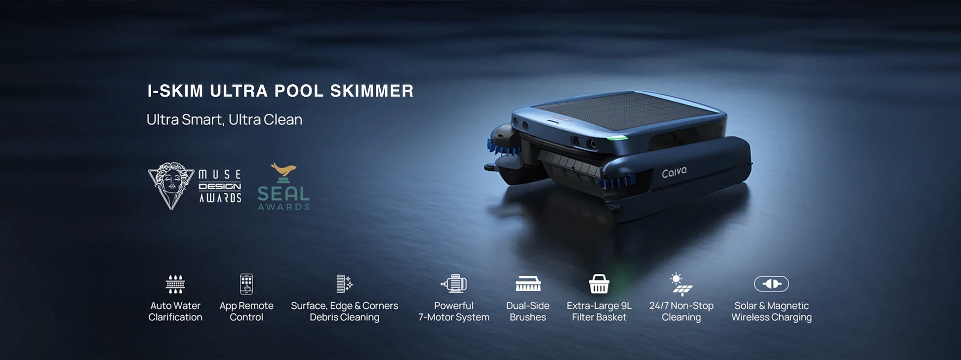 I-SKIM Ultra Pool Skimmer with features listed on a dark background