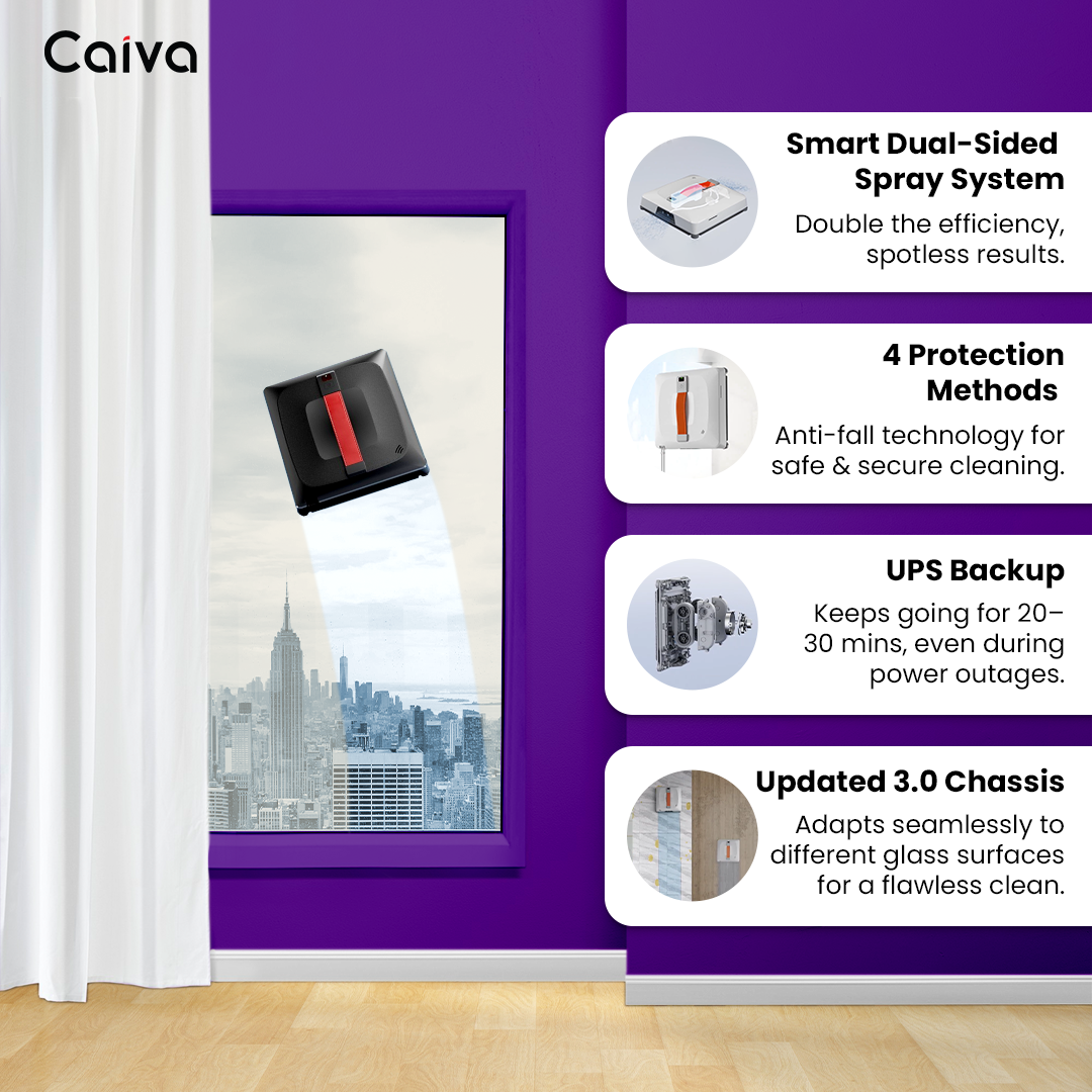 Window cleaning robot features: USP backup, smart spraying, powerful suction.