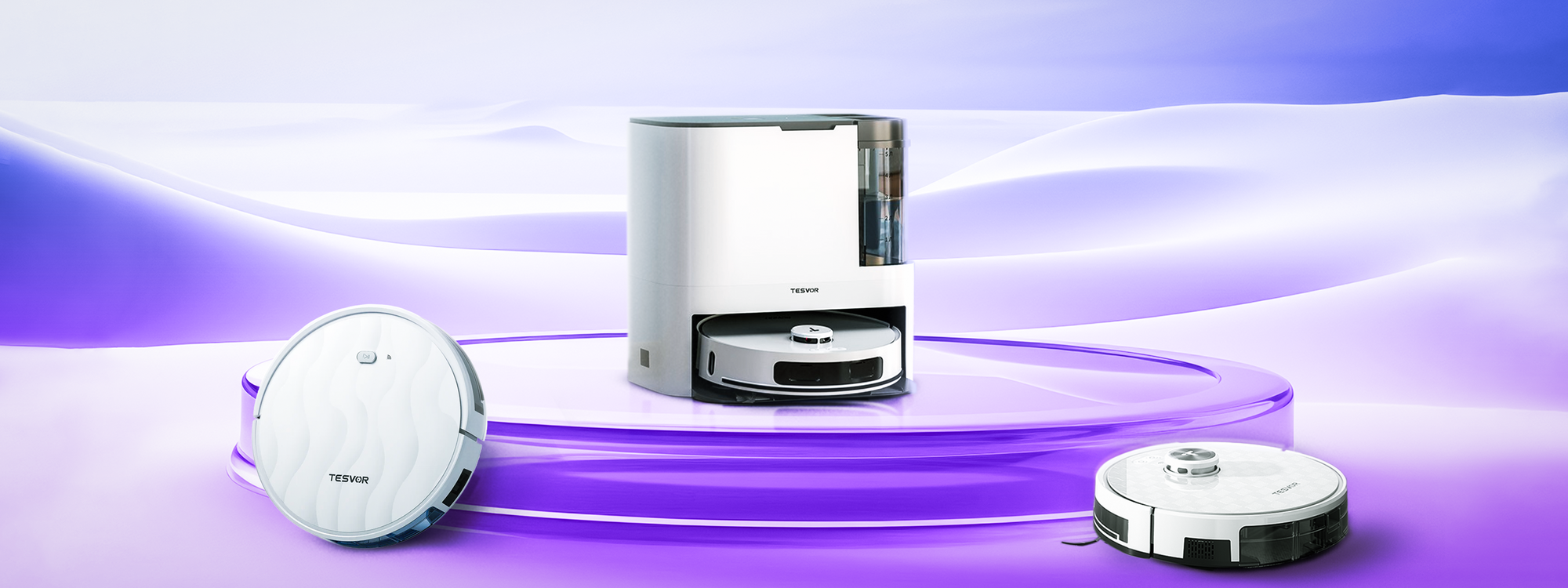 Two robotic vacuums on a gradient purple background